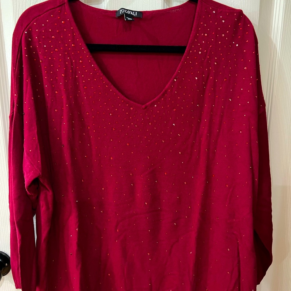 Woman’s V-neck Sweater, deep red with sparkles, 2X 3/4 length sleeve